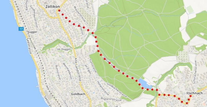 Zumiker Strasse: Blechlawine vom Küsnachter Rumensee ins Zolliker Breitacker-Quartier (Grafik: rs)