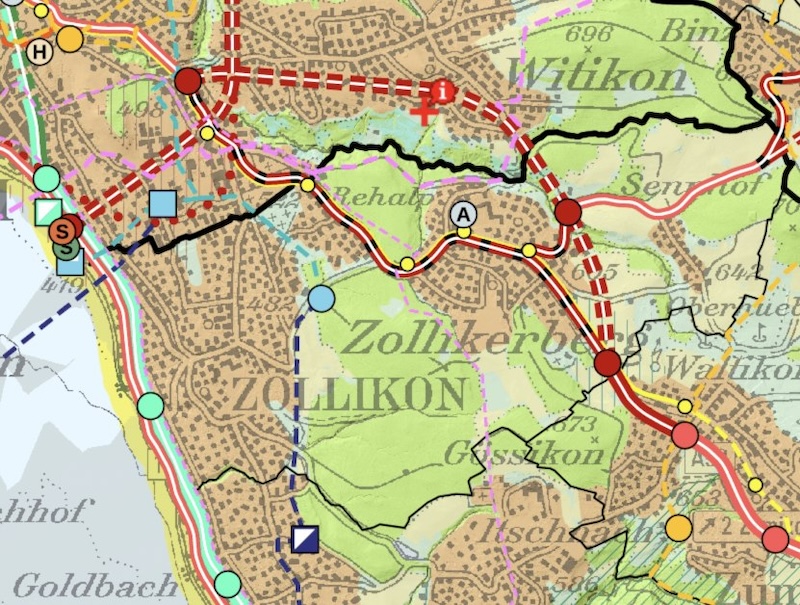 Der Wehrenbachtobel-Tunnel (doppelt gestrichelt) gemäss kantonalem Richtplan