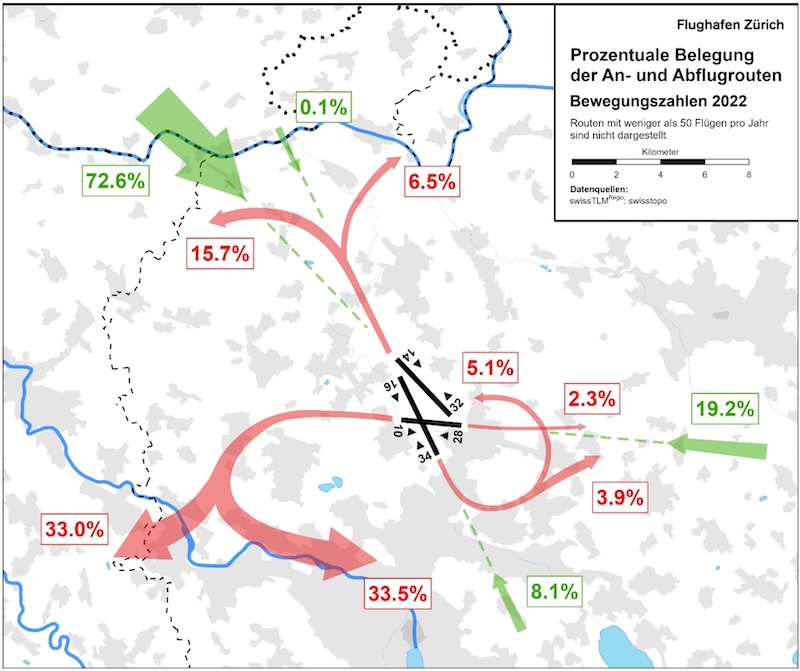 Karte Verteilung der Anflüge auf Kloten