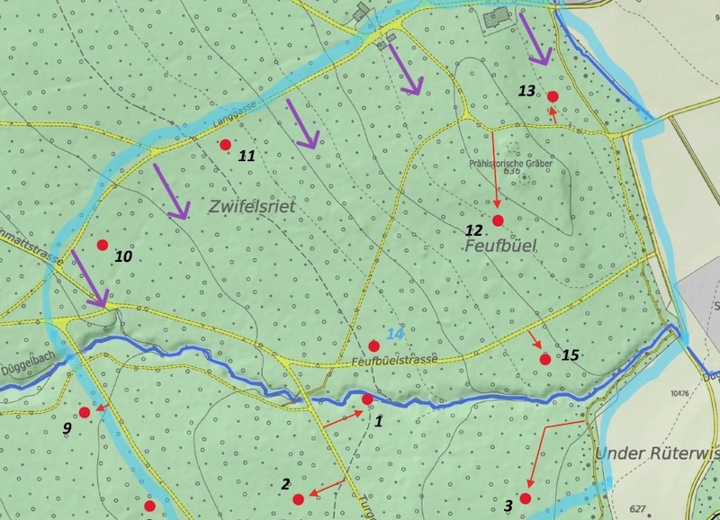 Kartenausschnitt für die Treiber mit Standorten der Jäger (rote Punkte)