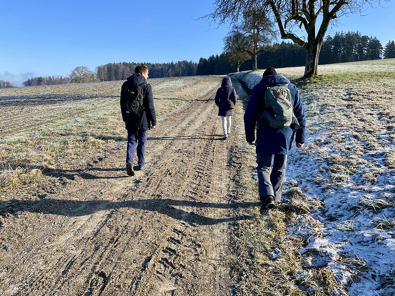 Oberhalb von Zünikon geniessen wir die (schwache) Sonne, gleich gehts länger durch den Wald