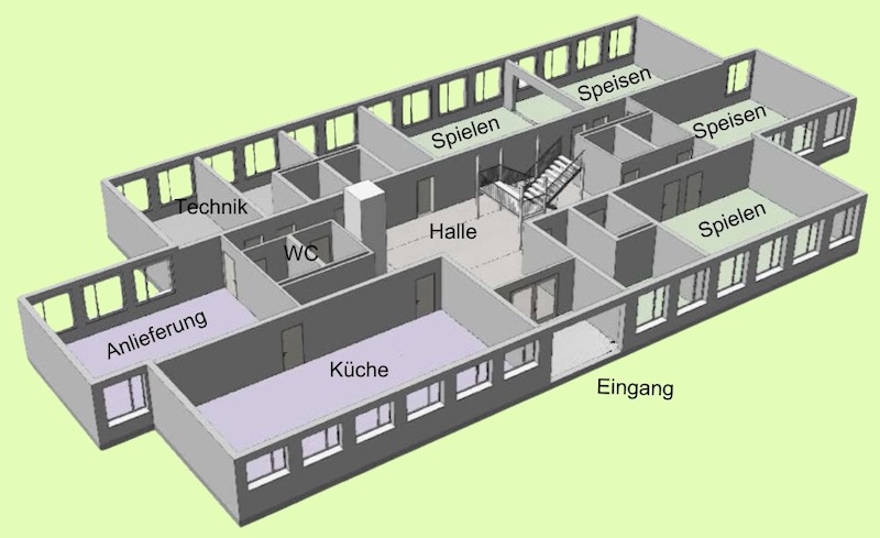 Pro Geschoss 42 Module à 2.5 x 7.5 m – hier das Erdgeschoss